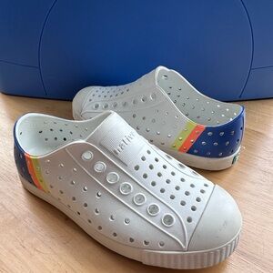 Native Kids Sneakers - White with Blue and Rainbow Stripes